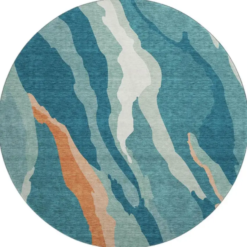 8' Teal Orange And Ivory Abstract Washable Round Rug With UV Protection Photo 3