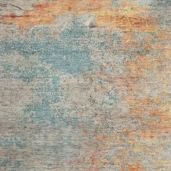 8' Teal Peach And Gold Abstract Washable Area Rug With UV Protection Photo 2