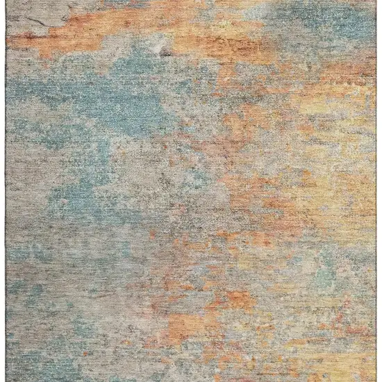 8' Teal Peach And Gold Abstract Washable Area Rug With UV Protection Photo 3