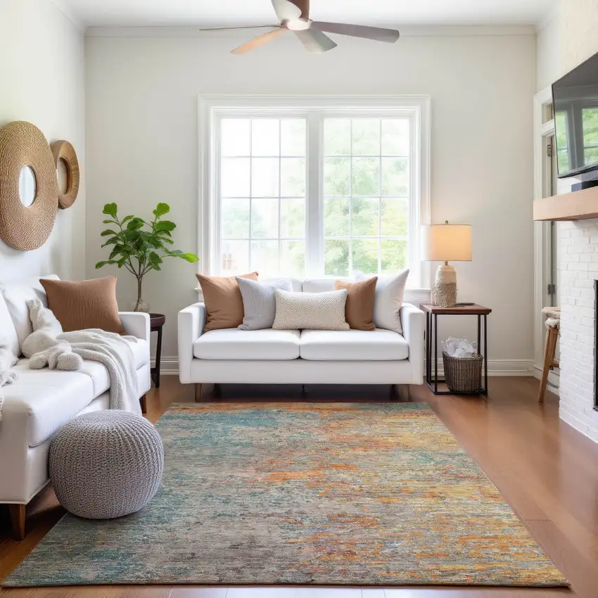 8' Teal Peach And Gold Abstract Washable Area Rug With UV Protection Photo 5