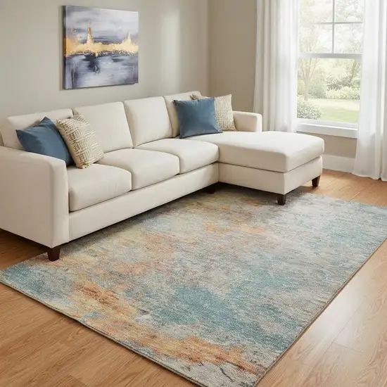 8' Teal Peach And Gold Abstract Washable Area Rug With UV Protection Photo 2