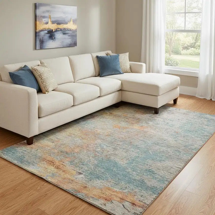 8' Teal Peach And Gold Abstract Washable Area Rug With UV Protection Photo 2