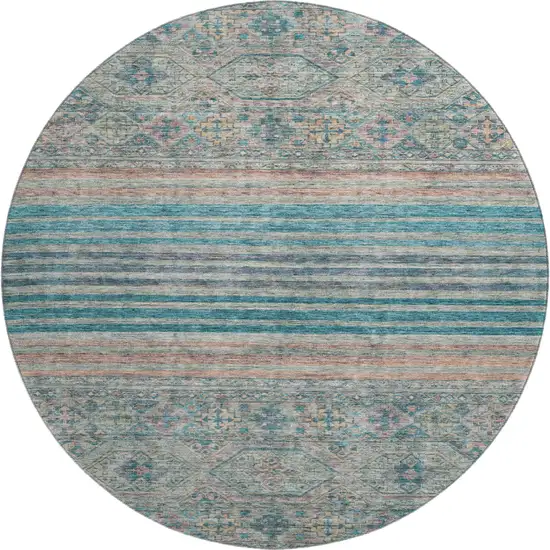 8' Teal Peach And Gray Striped Washable Round Rug With UV Protection Photo 1