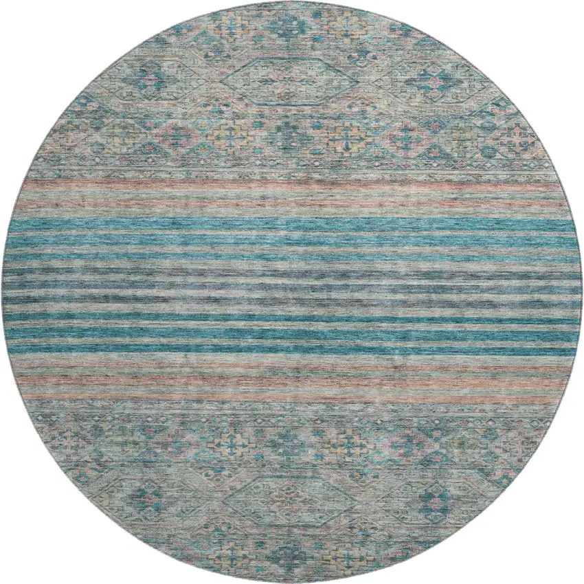 8' Teal Peach And Gray Striped Washable Round Rug With UV Protection Photo 1