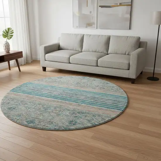 8' Teal Peach And Gray Striped Washable Round Rug With UV Protection Photo 2
