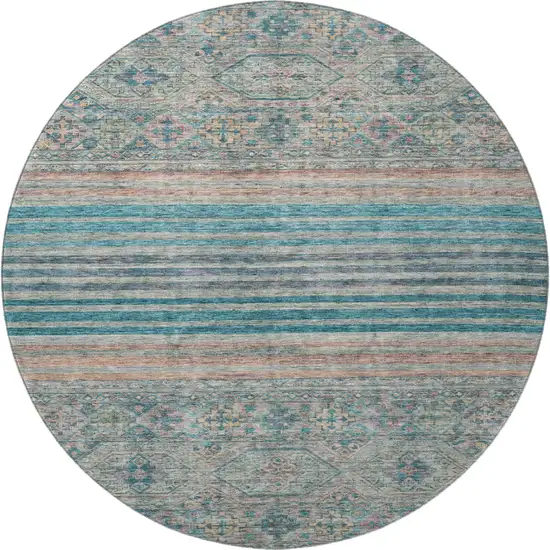 8' Teal Peach And Gray Striped Washable Round Rug With UV Protection Photo 3
