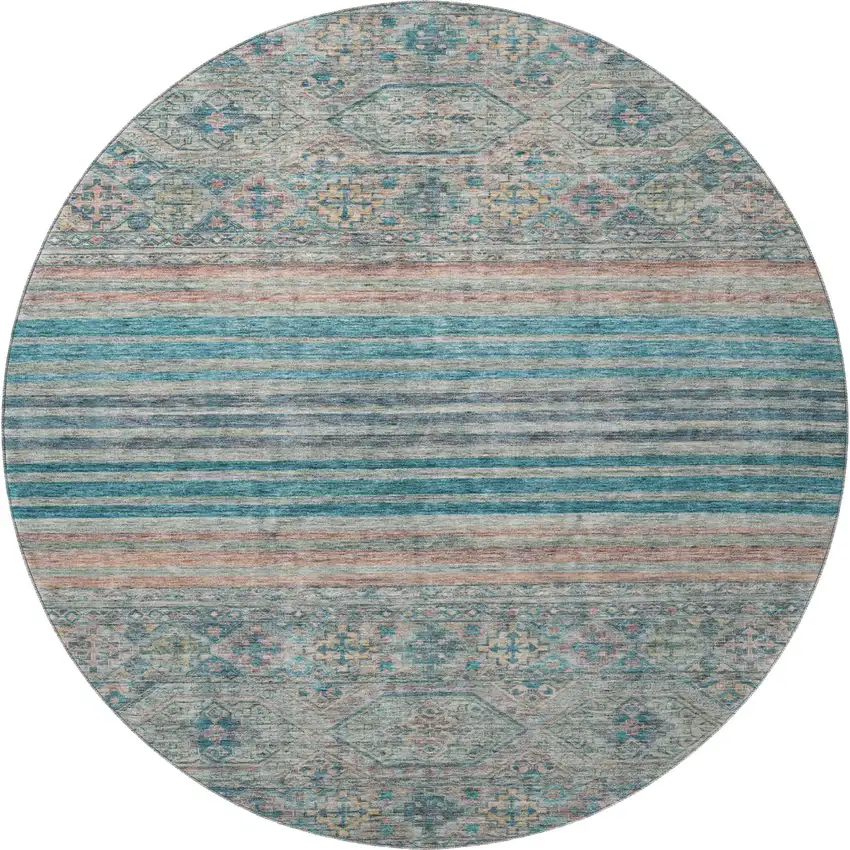 8' Teal Peach And Gray Striped Washable Round Rug With UV Protection Photo 3