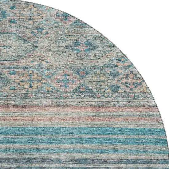 8' Teal Peach And Gray Striped Washable Round Rug With UV Protection Photo 2