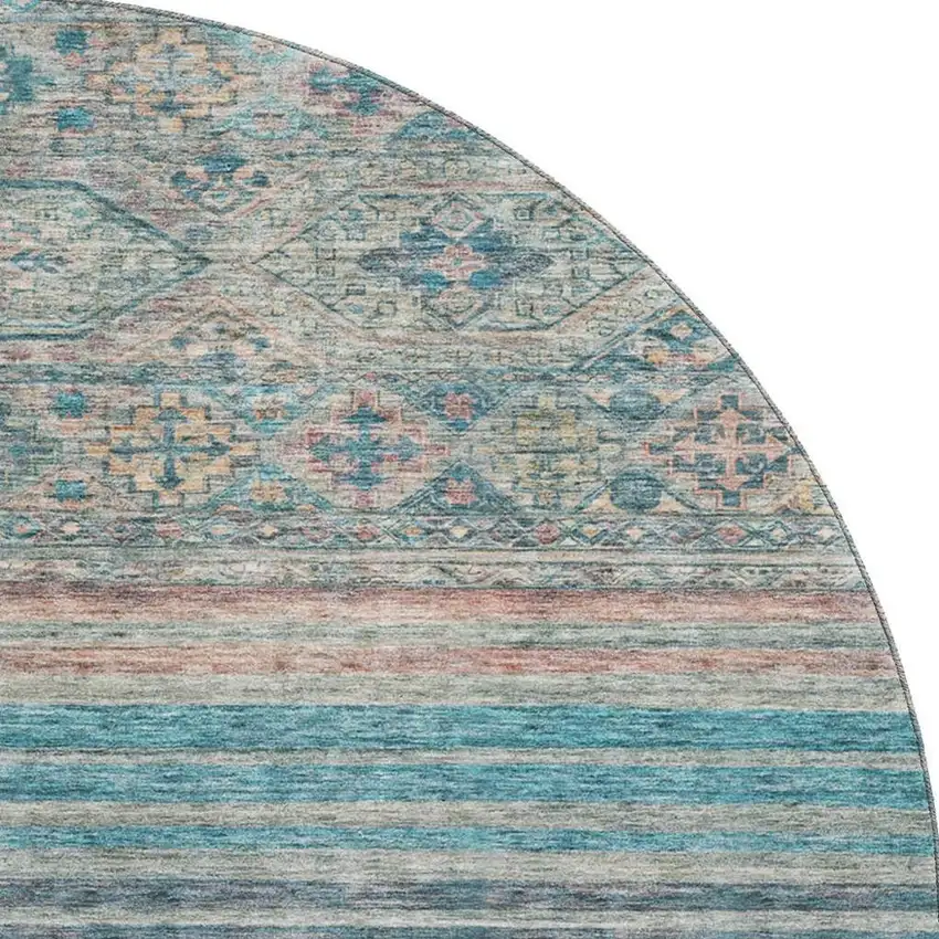 8' Teal Peach And Gray Striped Washable Round Rug With UV Protection Photo 2