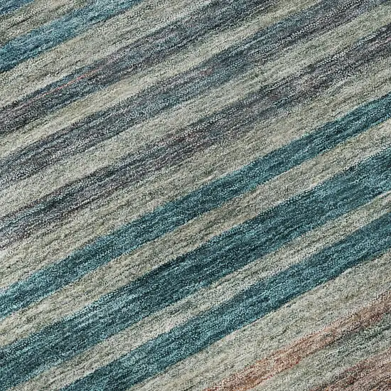 8' Teal Peach And Gray Striped Washable Round Rug With UV Protection Photo 8