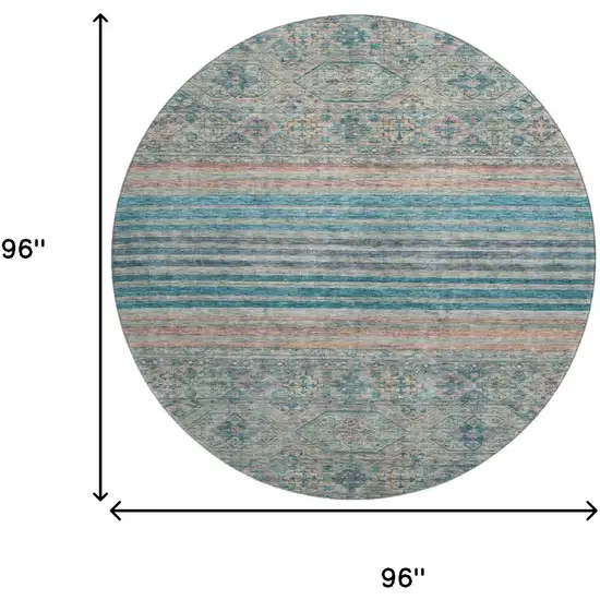 8' Teal Peach And Gray Striped Washable Round Rug With UV Protection Photo 9