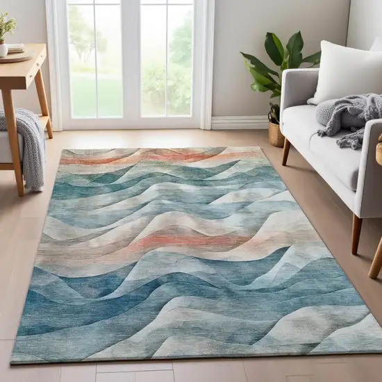8' Teal Peach And Ivory Abstract Washable Area Rug With UV Protection Photo 5