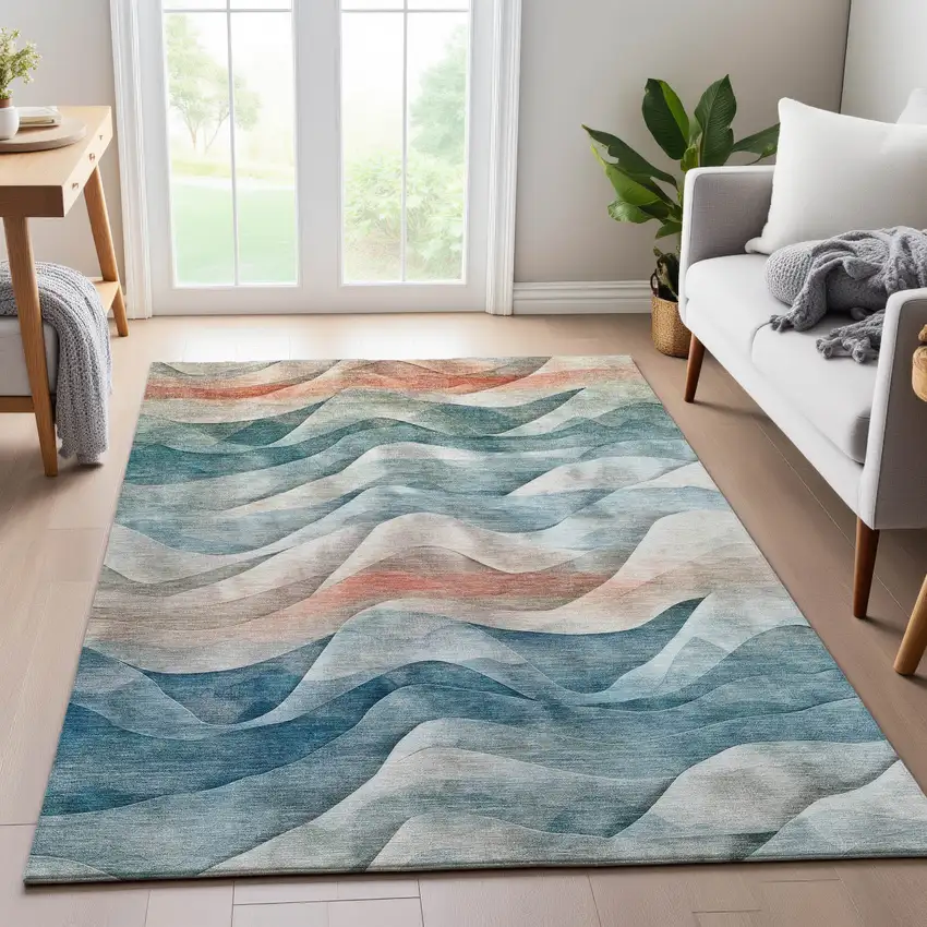 8' Teal Peach And Ivory Abstract Washable Area Rug With UV Protection Photo 5