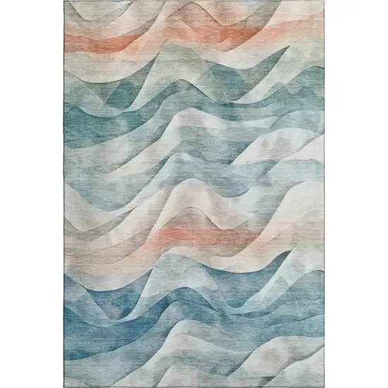 8' Teal Peach And Ivory Abstract Washable Area Rug With UV Protection Photo 1