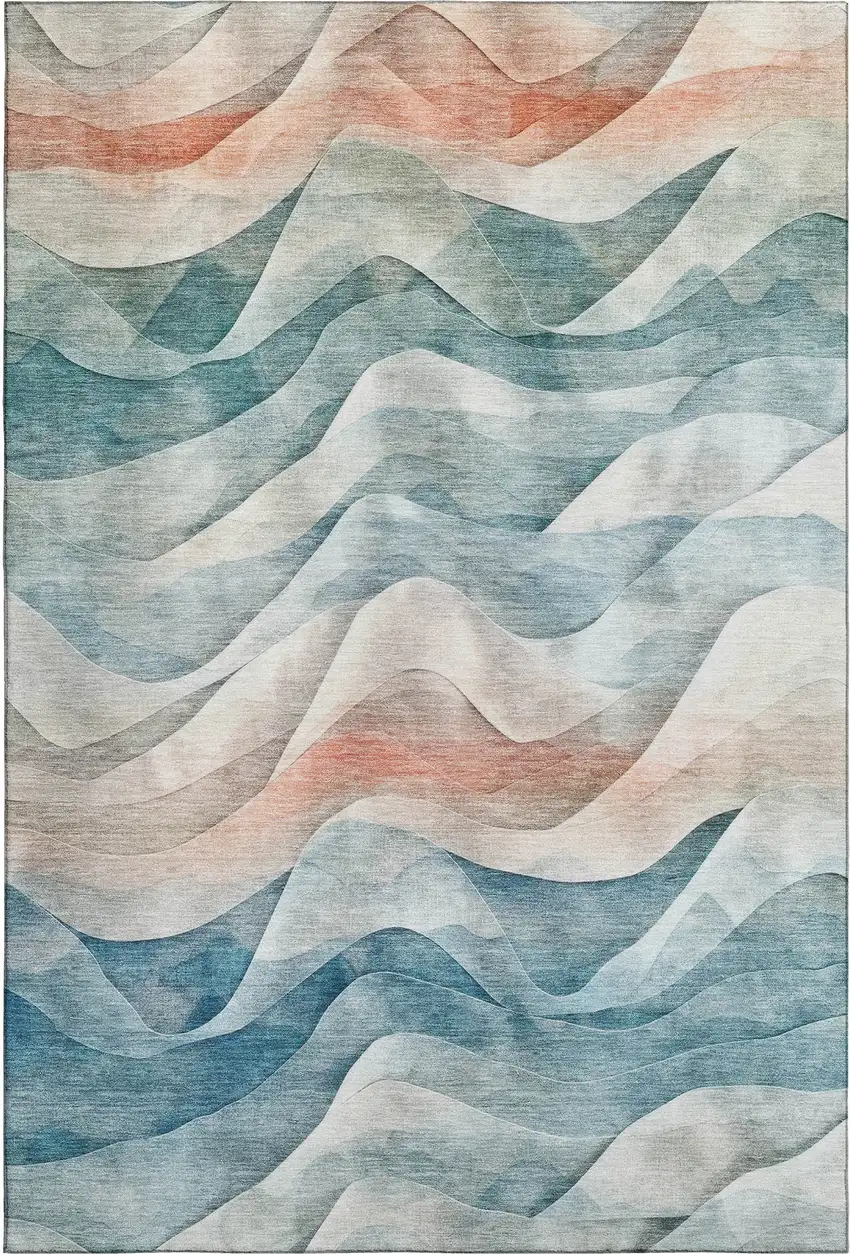 8' Teal Peach And Ivory Abstract Washable Area Rug With UV Protection Photo 1