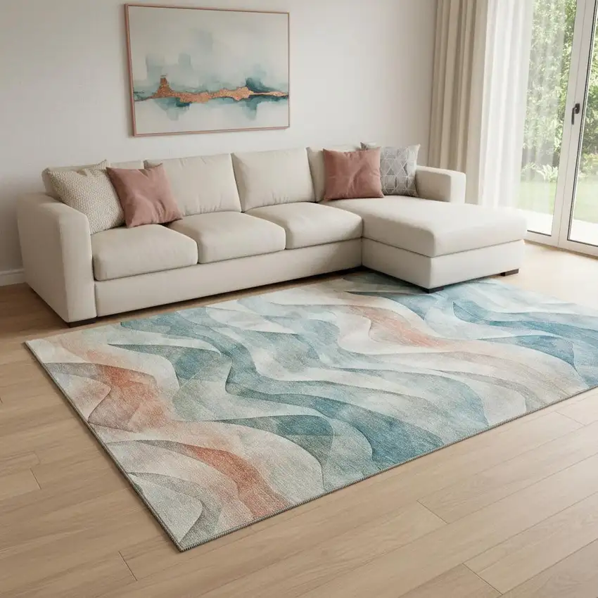 8' Teal Peach And Ivory Abstract Washable Area Rug With UV Protection Photo 2