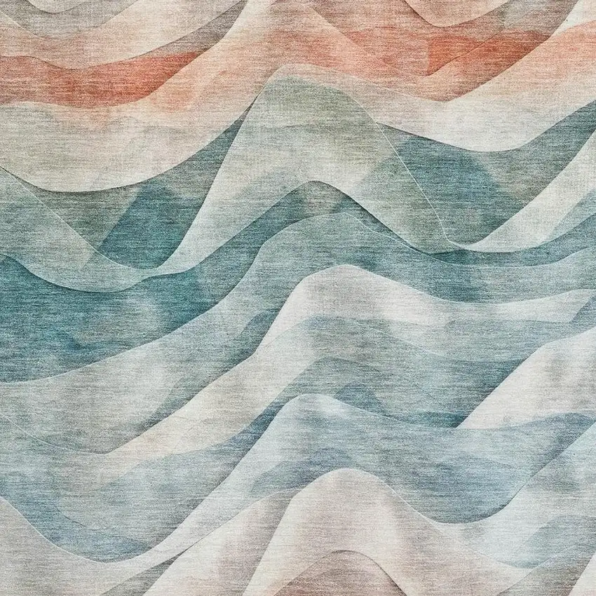 8' Teal Peach And Ivory Abstract Washable Area Rug With UV Protection Photo 2