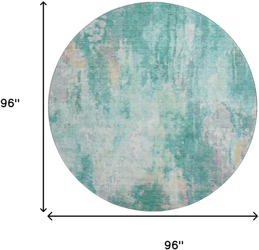 8' Teal Peach And Ivory Abstract Washable Round Rug With UV Protection Photo 9