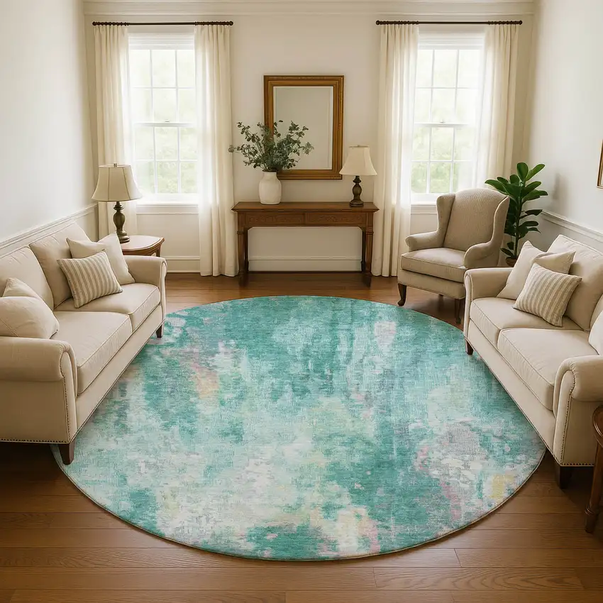 8' Teal Peach And Ivory Abstract Washable Round Rug With UV Protection Photo 4