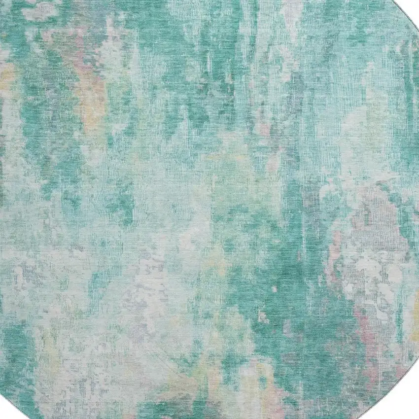 8' Teal Peach And Ivory Abstract Washable Round Rug With UV Protection Photo 2