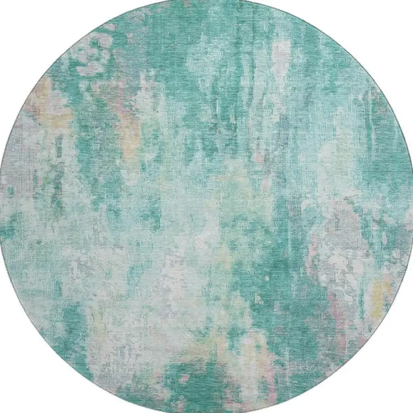 8' Teal Peach And Ivory Abstract Washable Round Rug With UV Protection Photo 3