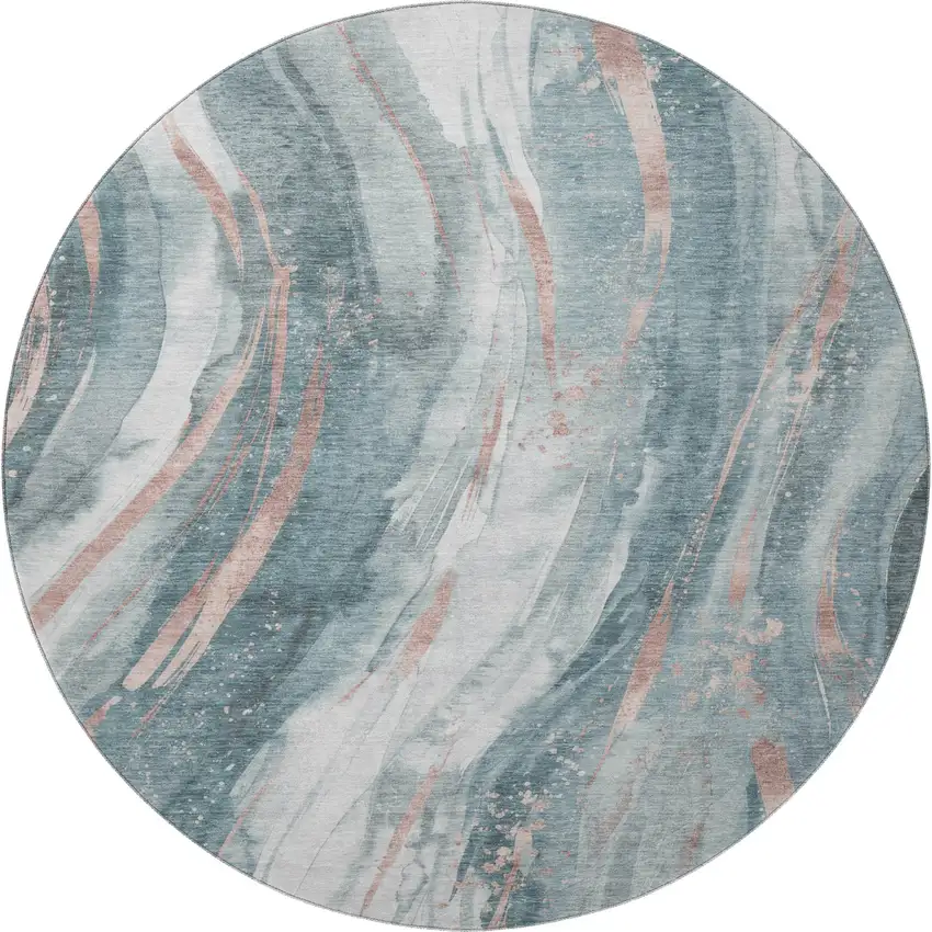 8' Teal Peach And Ivory Abstract Washable Round Rug With UV Protection Photo 3