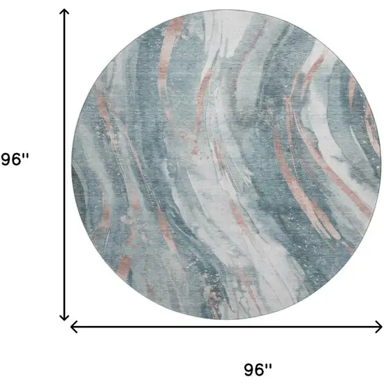8' Teal Peach And Ivory Abstract Washable Round Rug With UV Protection Photo 9