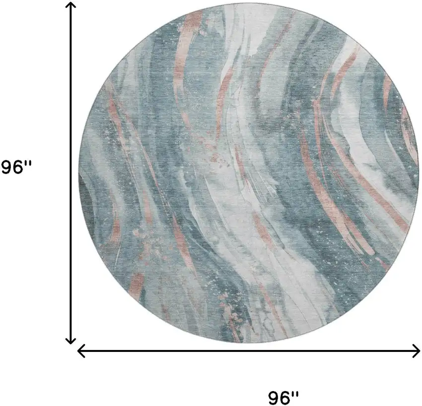 8' Teal Peach And Ivory Abstract Washable Round Rug With UV Protection Photo 9