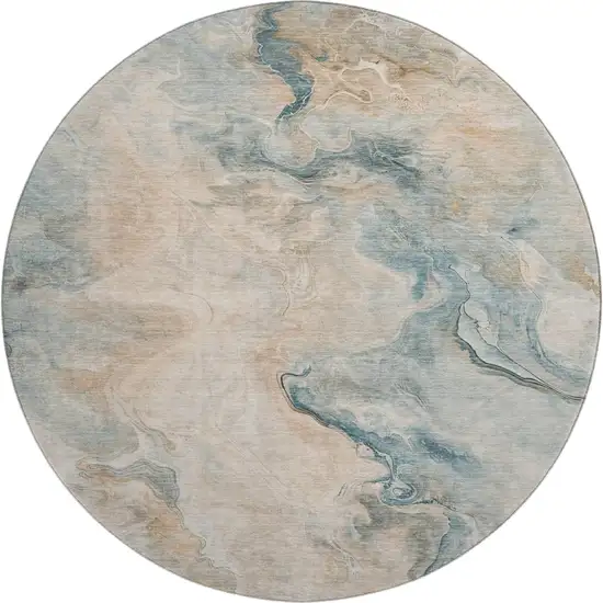 8' Teal Peach And Ivory Abstract Washable Round Rug With UV Protection Photo 1