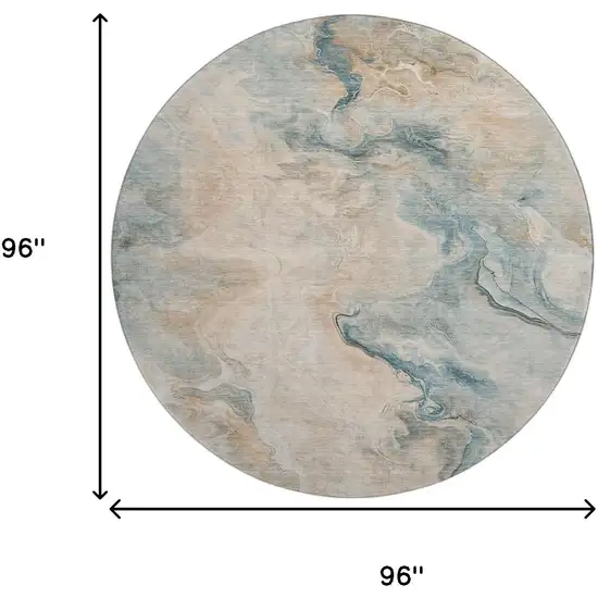 8' Teal Peach And Ivory Abstract Washable Round Rug With UV Protection Photo 9
