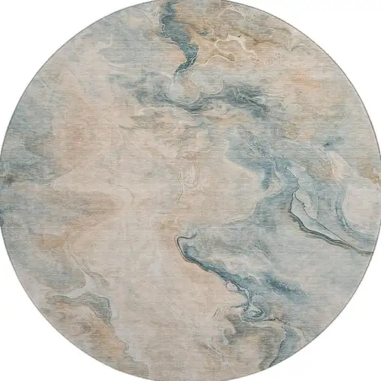 8' Teal Peach And Ivory Abstract Washable Round Rug With UV Protection Photo 3