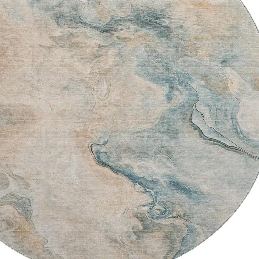 8' Teal Peach And Ivory Abstract Washable Round Rug With UV Protection Photo 2