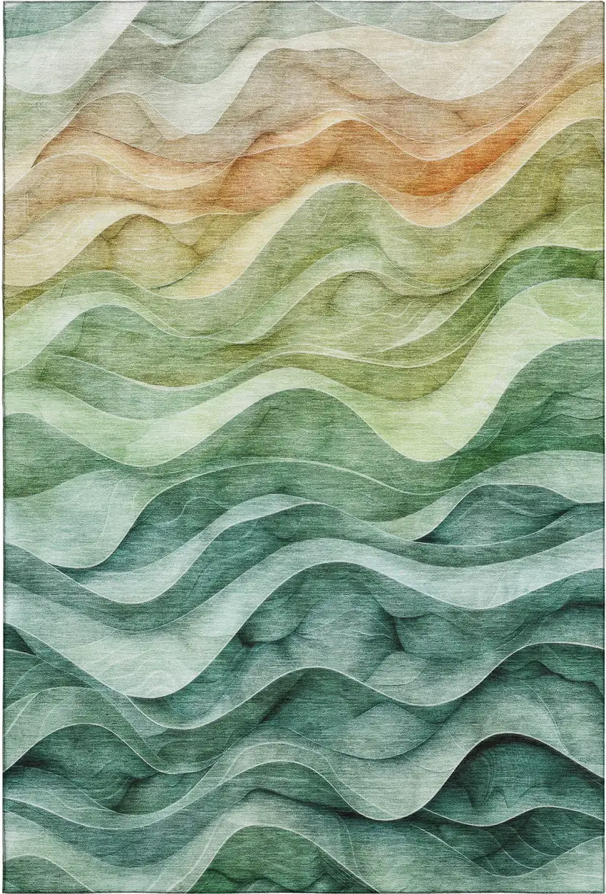 8' Teal Peach And Lime Green Abstract Washable Area Rug With UV Protection Photo 1