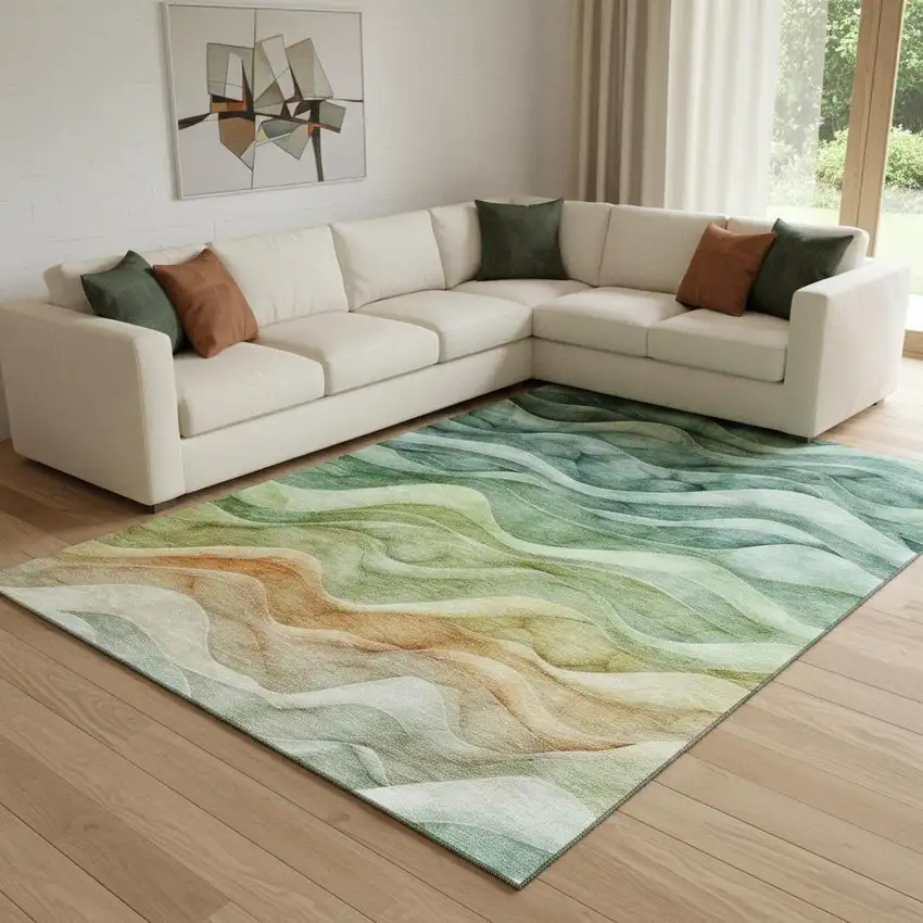 8' Teal Peach And Lime Green Abstract Washable Area Rug With UV Protection Photo 2