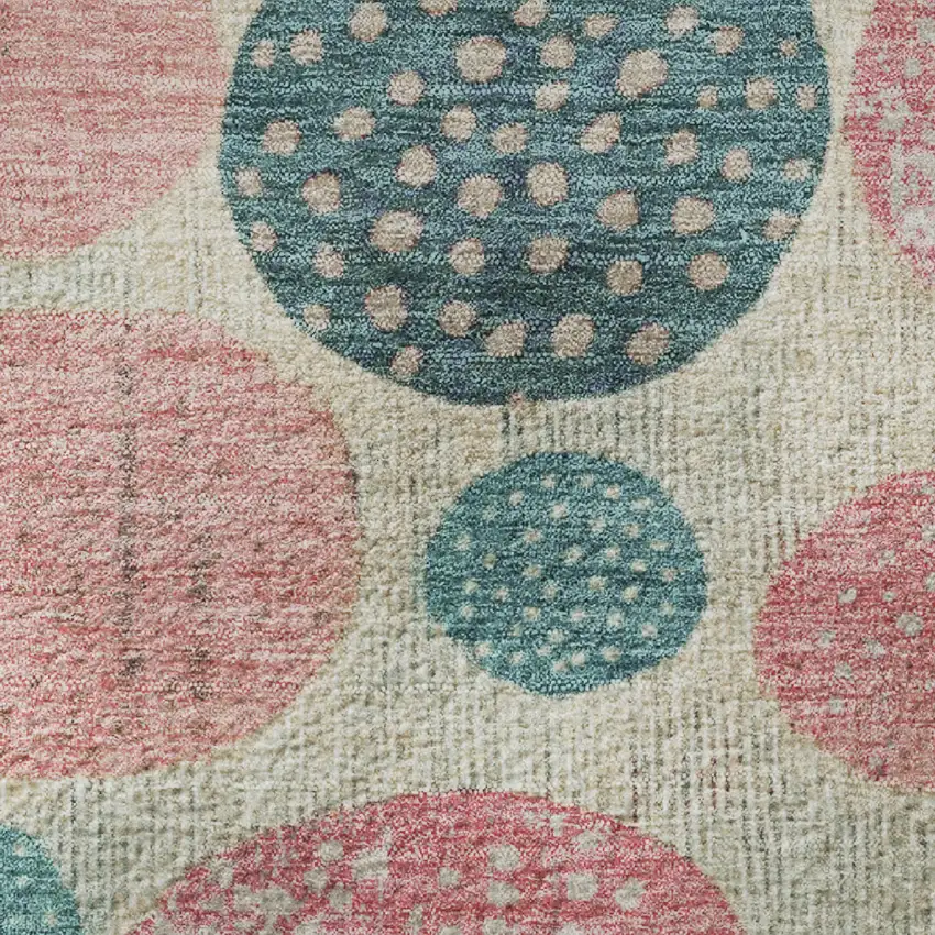 8' Teal Pink And Beige Geometric Washable Round Rug With UV Protection Photo 9