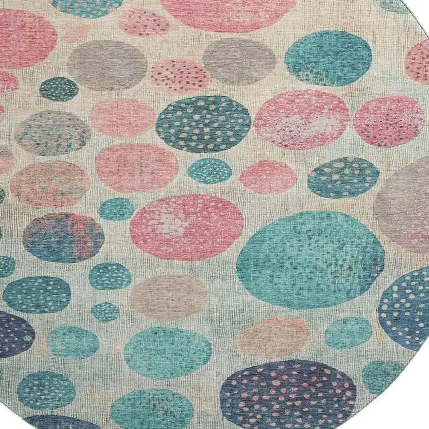 8' Teal Pink And Beige Geometric Washable Round Rug With UV Protection Photo 3