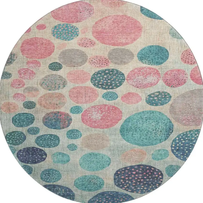 8' Teal Pink And Beige Geometric Washable Round Rug With UV Protection Photo 4