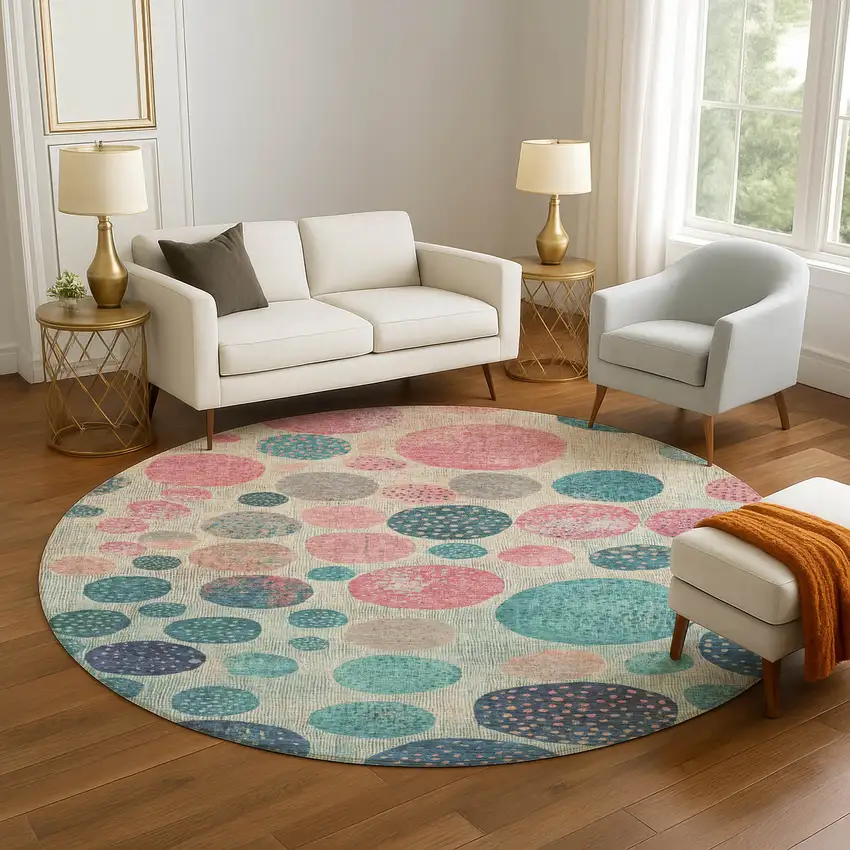 8' Teal Pink And Beige Geometric Washable Round Rug With UV Protection Photo 5