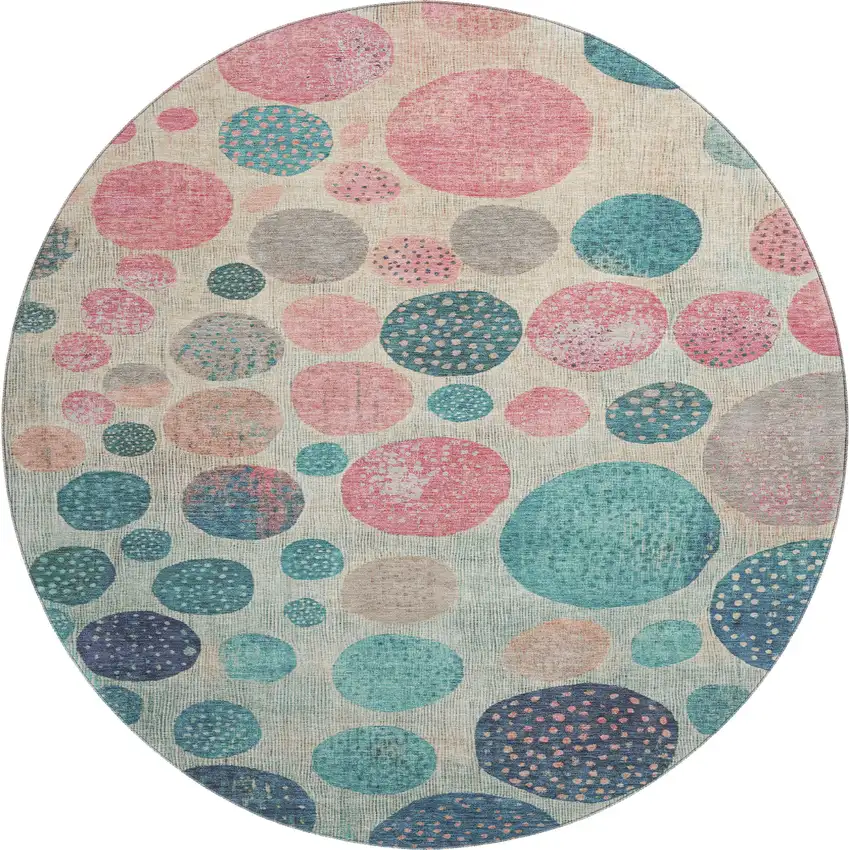 8' Teal Pink And Beige Geometric Washable Round Rug With UV Protection Photo 1