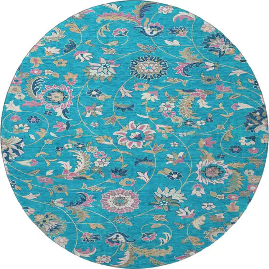 8' Teal Pink And Copper Floral Washable Round Rug With UV Protection Photo 3