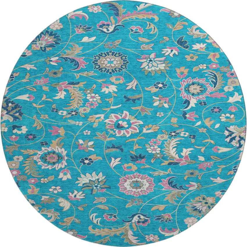 8' Teal Pink And Copper Floral Washable Round Rug With UV Protection Photo 1