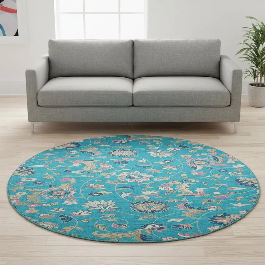 8' Teal Pink And Copper Floral Washable Round Rug With UV Protection Photo 2