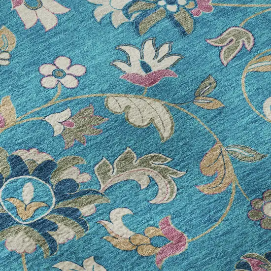 8' Teal Pink And Copper Floral Washable Round Rug With UV Protection Photo 8