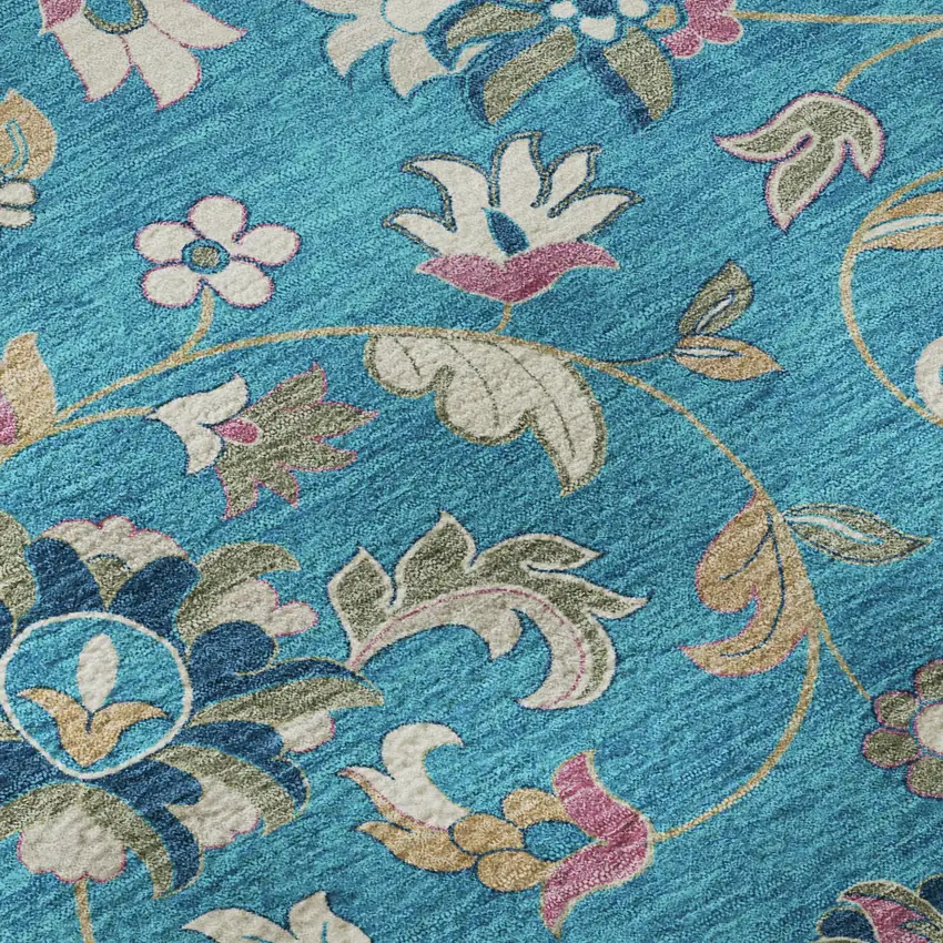 8' Teal Pink And Copper Floral Washable Round Rug With UV Protection Photo 8