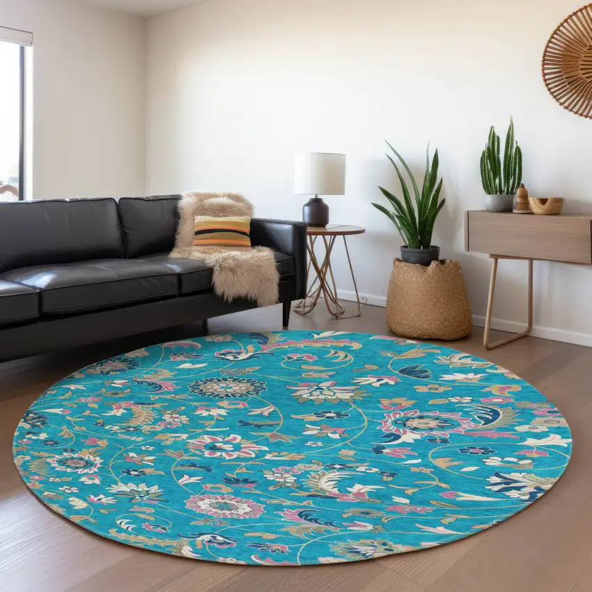 8' Teal Pink And Copper Floral Washable Round Rug With UV Protection Photo 4