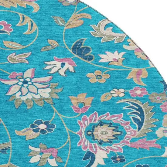 8' Teal Pink And Copper Floral Washable Round Rug With UV Protection Photo 2