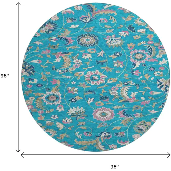 8' Teal Pink And Copper Floral Washable Round Rug With UV Protection Photo 9