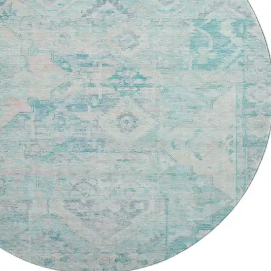 8' Teal Pink And Gray Floral Washable Round Rug With UV Protection Photo 2