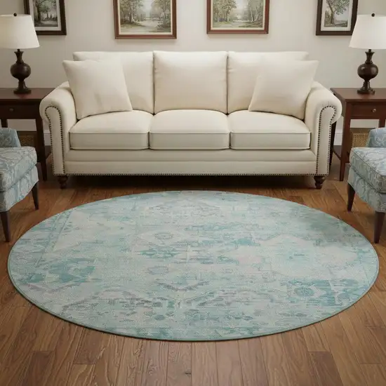 8' Teal Pink And Gray Floral Washable Round Rug With UV Protection Photo 2