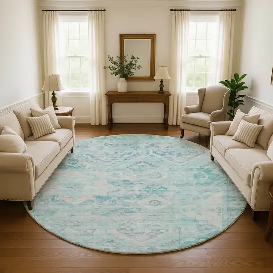 8' Teal Pink And Gray Floral Washable Round Rug With UV Protection Photo 4